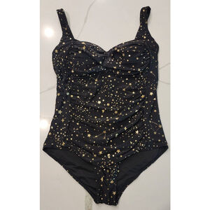 YONIQUE Black One-Piece Swimsuit Gold Star Print Adjustable Straps Women's 16W